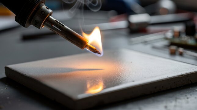 A close-up of a soldering iron with a burning flame heating a surface, surrounded by electronic components in a workshop setting.