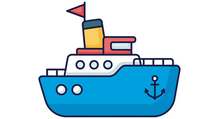 Fototapeta premium Cartoon Tugboat Illustration With Yellow Funnel And Blue Hull Line Art Style