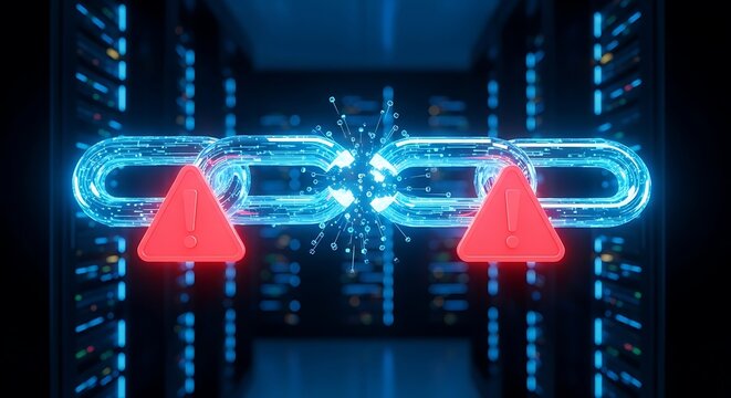 Futuristic image of a broken chain with exclamation marks in front of server racks, highlighting cyber vulnerability