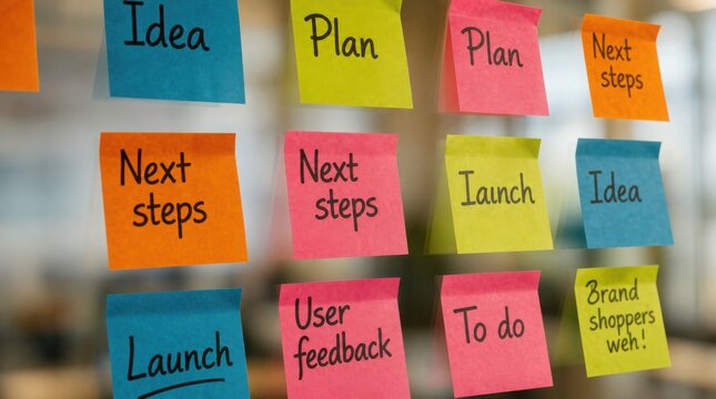 Colorful sticky notes with handwritten business-related terms like "Idea," "Plan," "Next steps," and "User feedback" organized on a glass surface.