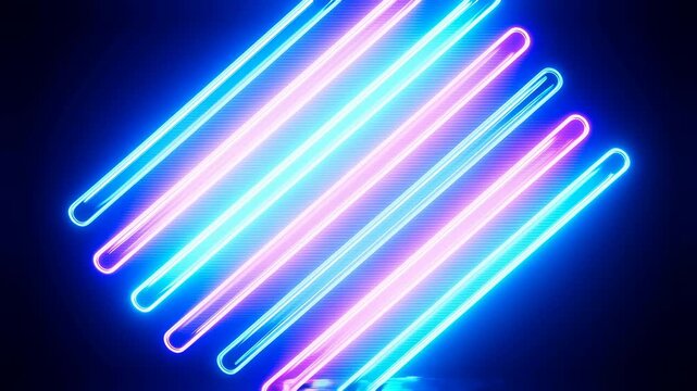 Diagonal neon tube grid glowing cyan and magenta over deep navy gradient with glossy reflections, subtle surface distortion, electric rhythm, modern abstract tech backdrop
