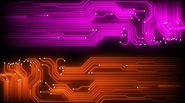 Neon digital circuit board background, glowing purple and orange data transfer lines, futuristic cyber technology concept