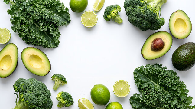 assorted fresh green vegetables (broccoli, avocado, lime) neatly arranged on a clean white background