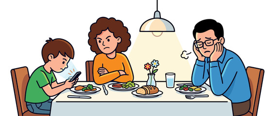 Family Dinner Disconnect: Child on Phone Ignores Bored Parents
