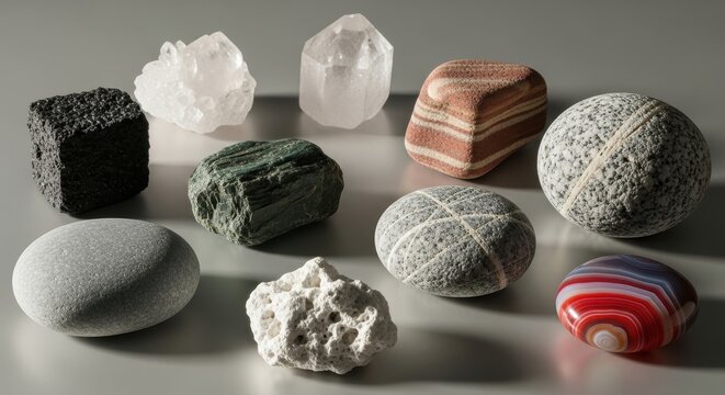 Assorted Crystals and Minerals on a Neutral Background.