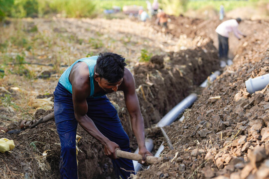 A laborer is digging a trench and installing underground pipes in a rural agricultural field