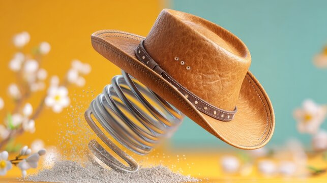 Rustic brown leather hat balanced on silver metal spring in soft focus setting