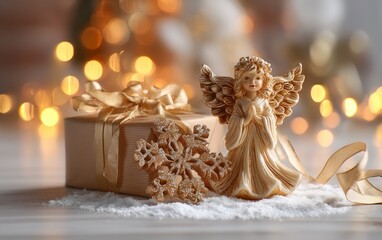 Fototapeta premium Elegant angel figurine with gift box and golden snowflake decoration on white surface