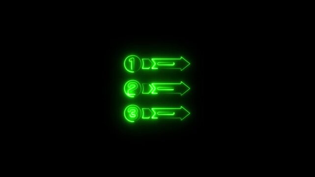 Neon green numbered list with animated arrows, digital infographic for presentations and ui glowing numbers