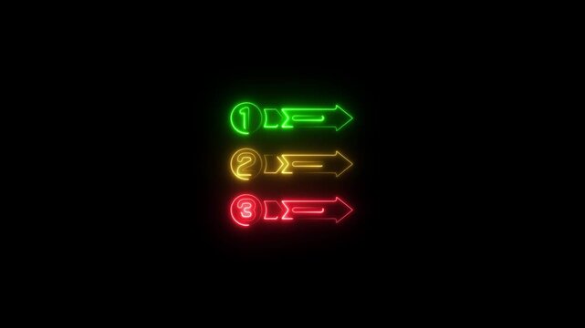 Neon glowing numbered list infographic with arrows, animated 1-2-3 step sequence for presentations and digital ui