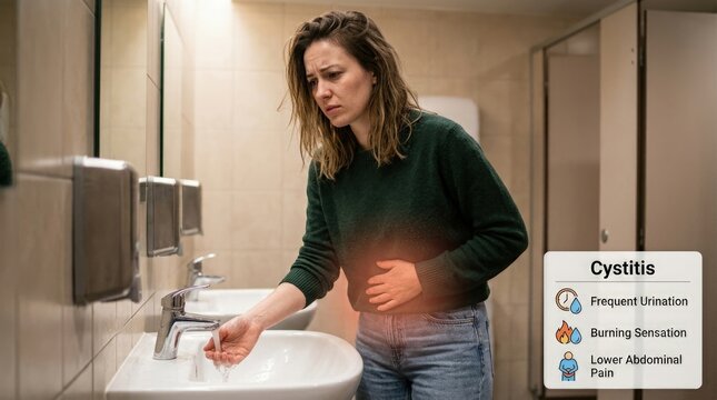 Female urinary discomfort: Cystitis ailment, bladder inflammation, painful urination, abdomen ache, frequent urgency, internal suffering, public washroom, unwell person, health complication.