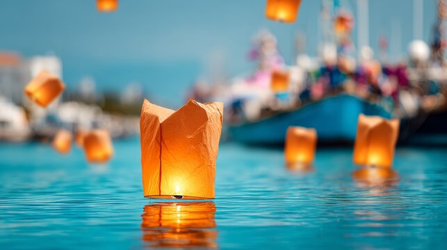 Floating orange paper lantern glowing on calm water during festive event