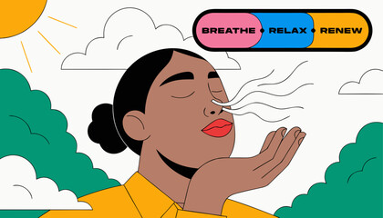 Very beautiful realistic vector illustration of BREATHING EXERCISES featuring a bold wellness label reading "BREATHE • RELAX • RENEW", a relaxed person practicing deep breathing in a peaceful park wit