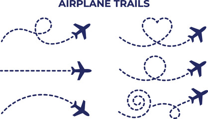 Airplane route with dotted flight path. Flying plane symbol with twisted, curved, straight and heart shape dashed trace path. Transparent png and vector illustration. © cikago