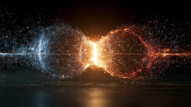 Conceptual illustration of an atom splitting and releasing energy, visualizing nuclear fission with glowing particles on a dark background