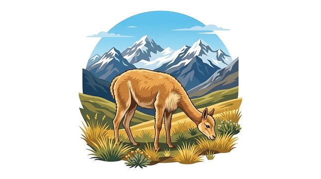 Brown vicuna grazing in the snowy andes mountains landscape