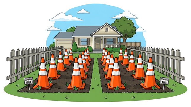 Orange traffic cones planted in rows in a suburban front yard garden