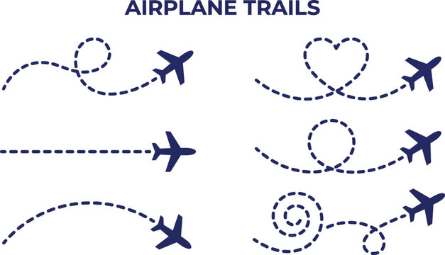 Airplane route with dotted flight path. Flying plane symbol with twisted, curved, straight and heart shape dashed trace path. Transparent png and vector illustration.