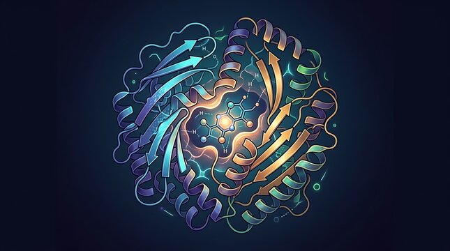 Molecular protein structure showing helices and beta sheets
