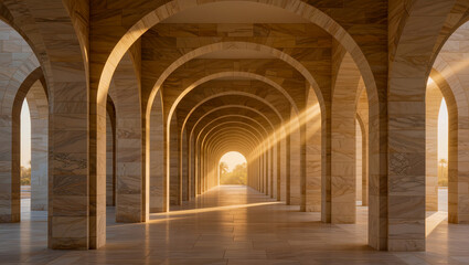 Fototapeta premium Luxury Marble Arcade Corridor With Golden Sunlight Background