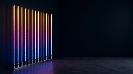 Naklejka premium Vertical led light tubes glowing with colorful gradients in dark room