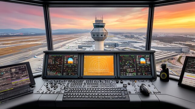 Modern air traffic control tower interior with radar screen and airport view