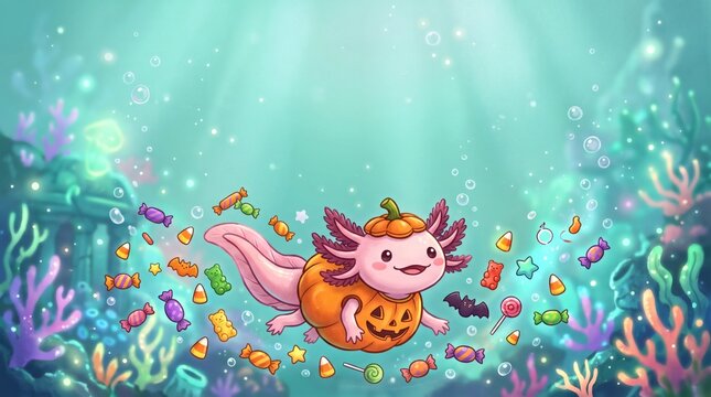 A cute pink axolotl wearing a pumpkin costume swims underwater surrounded by Halloween candy and bubbles in a whimsical illustration.