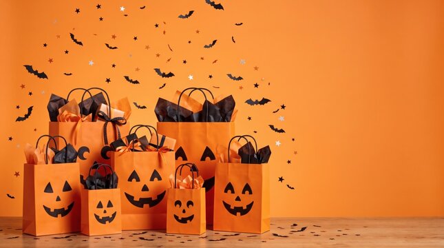 A collection of orange Halloween gift bags with jack-o'-lantern faces, filled with black and orange tissue paper and presents, set against an orange background with falling bat and star confetti.