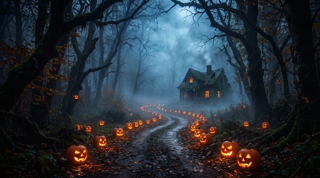 A spooky Halloween scene features a haunted house at the end of a winding path lined with glowing jack-o'-lanterns in a misty, dark forest.