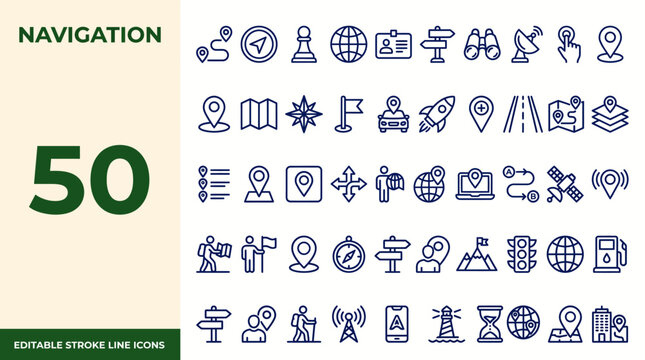 Navigation and Map icon set. Editable line icons. Vector illustration.