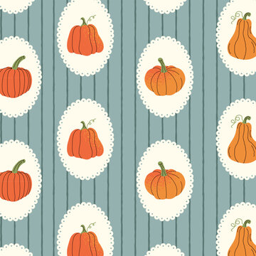 Autumn Seamless Pattern Wallpaper Circle Frames with Cute Coquette Pumpkins and Blue Stripes