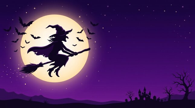 A silhouette of a witch flying on a broomstick across a full moon with bats, set against a dark purple night sky with a spooky landscape below.