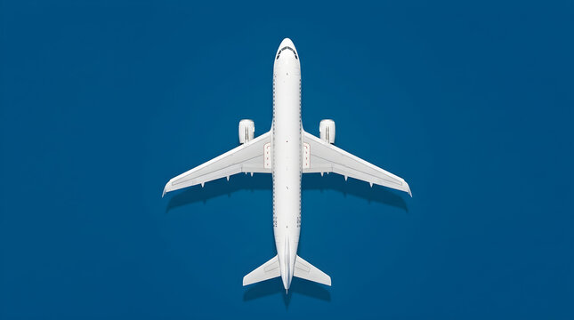 Top view of a white passenger airplane against a solid blue background