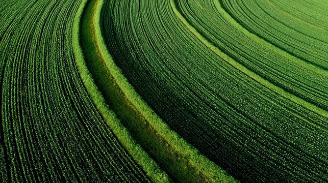 Aerial view of vibrant green crop fields with winding rows, showcasing agricultural patterns and rural landscape beauty