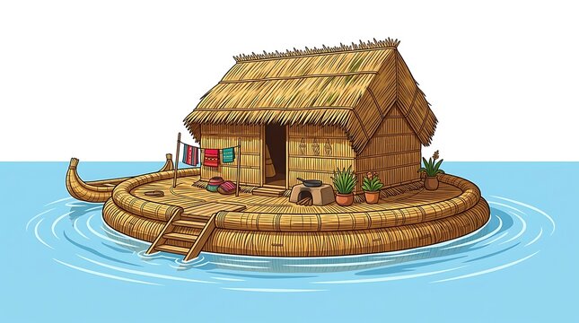Floating reed house on a traditional hand-woven island over water