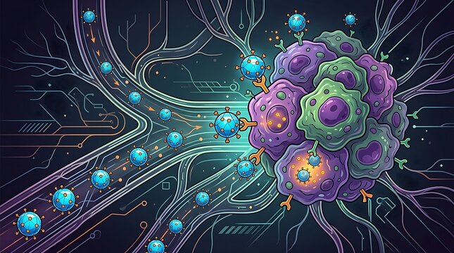 Medical illustration of virus particles interacting with cellular tissue