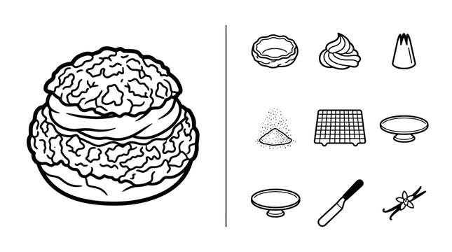 Cream Puff Pastry and Baking Tools Line Art Illustration