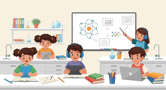 Children learning science in a modern classroom with technology.