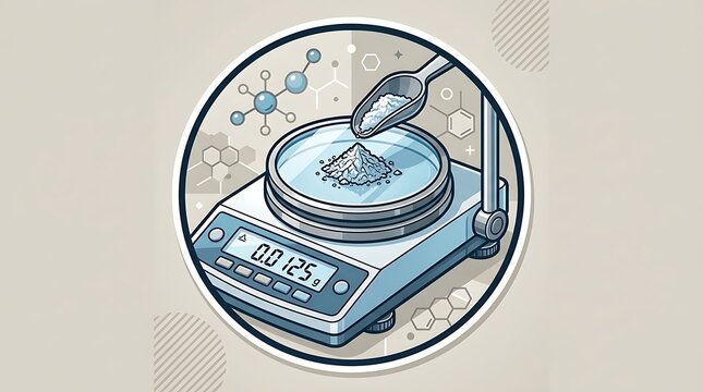 Precision digital laboratory scale weighing white chemical powder