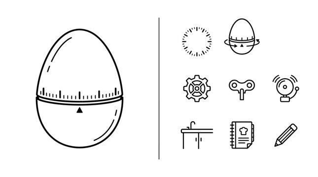 Kitchen Egg Timer Line Icon Set with Cooking and Time Management Symbols