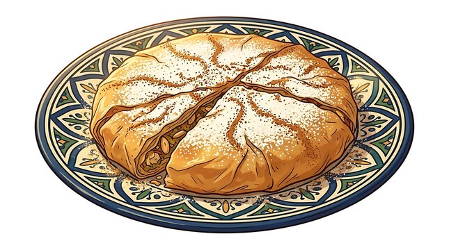 Golden traditional moroccan chicken pastilla on ornate ceramic dish