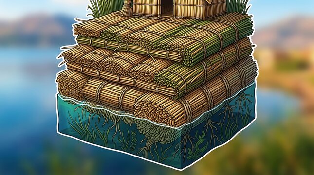 Traditional floating island made of bundled reeds on a lake