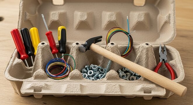Assorted Tools Organized in Cardboard Egg Tray.