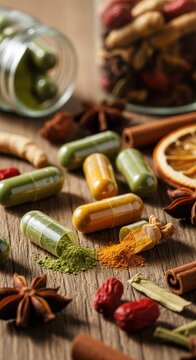 Assorted vitamins and spices on rustic wooden table.