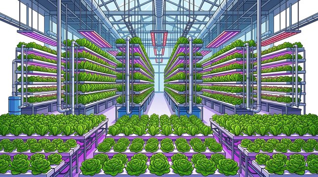 Modern vertical farm with hydroponic systems and grow lights