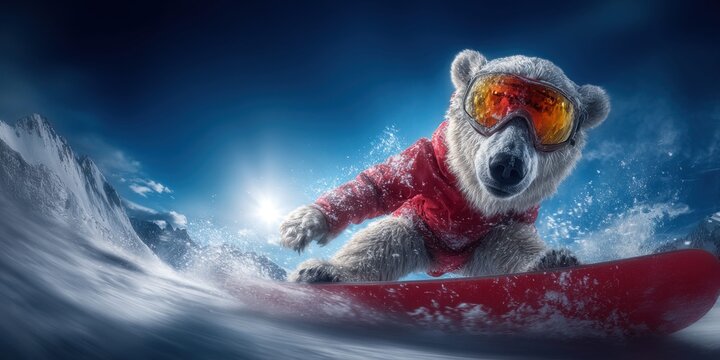 Polar bear in red jacket snowboarding down a snowy mountain slope with goggles