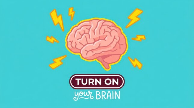Stylized pink brain with yellow lightning bolts and text turn on your brain symbolizing energy focus and mental stimulation.