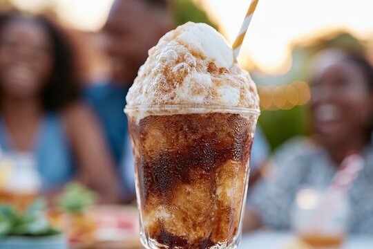 Root beer float in a glass with whipped cream and a straw, served at a backyard barbecue with blurred people enjoying the outdoor setting