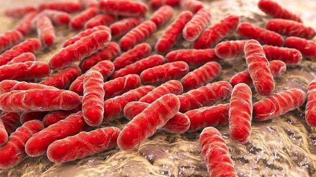 Lactobacillus bacteria, 3D animation showing rod-shaped probiotic bacilli attached to mucosal epithelial surface.