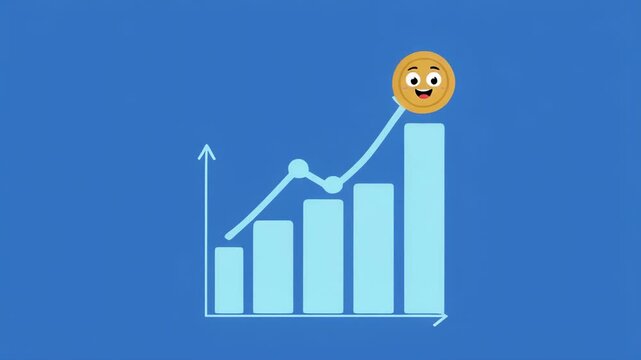 Bar chart growing with upward arrow and happy face during presentation